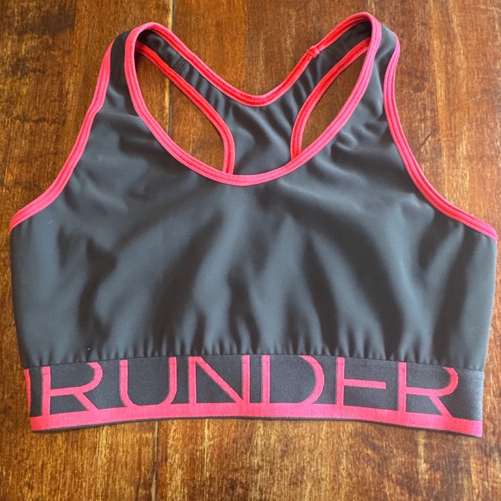 Under Armour HeatGear Racerback Sports Bra Gray Pink Logo‎ Elastic Band Small